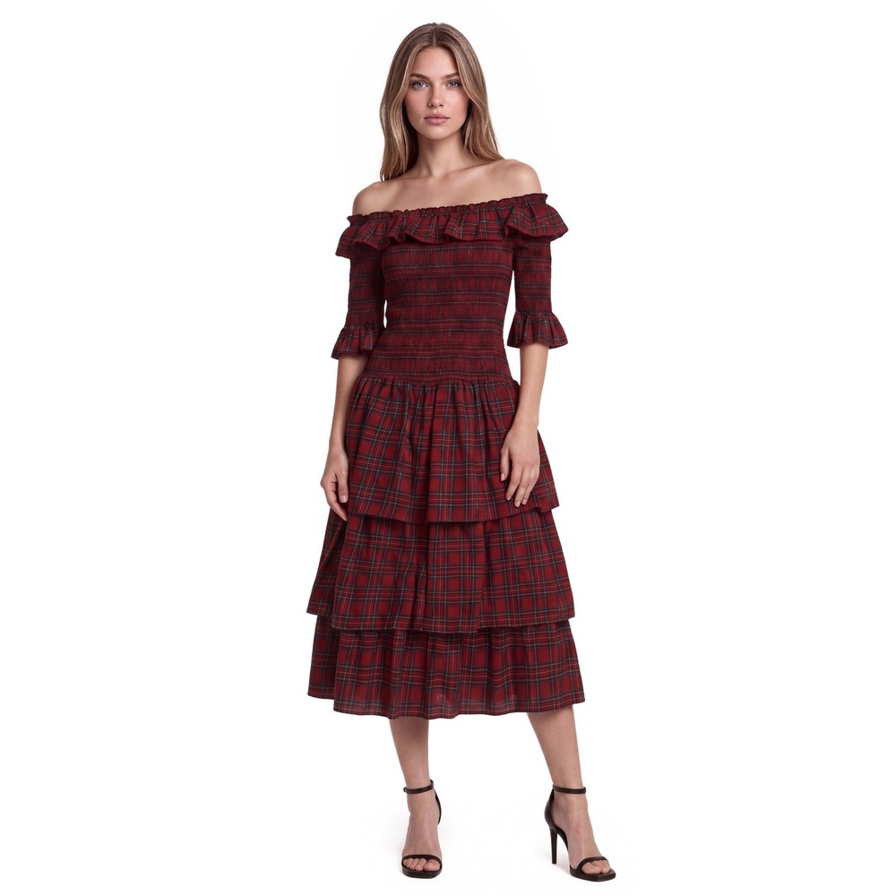 NEW Sugarlips Red Plaid Midi Dress Women's Size XS Smocked 100% Cotton Tiered